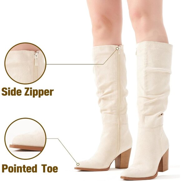 Women's Pointed Toe Knee High Faux Suede Slouch Beige High Boots Chunky Heels - Picture 2 of 6
